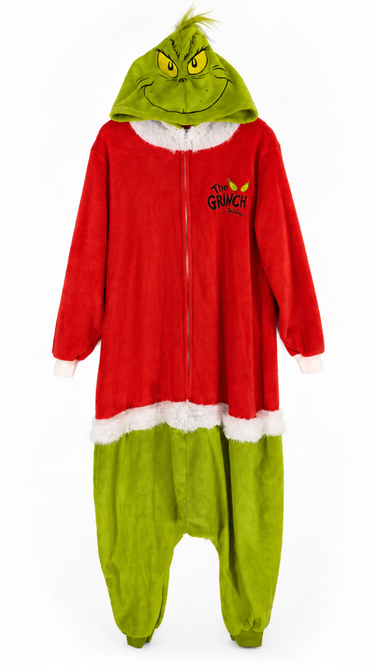 Grinch Coverall Fleece Pajama Hooded Cosplay Unisex Size Small Santa Christmas